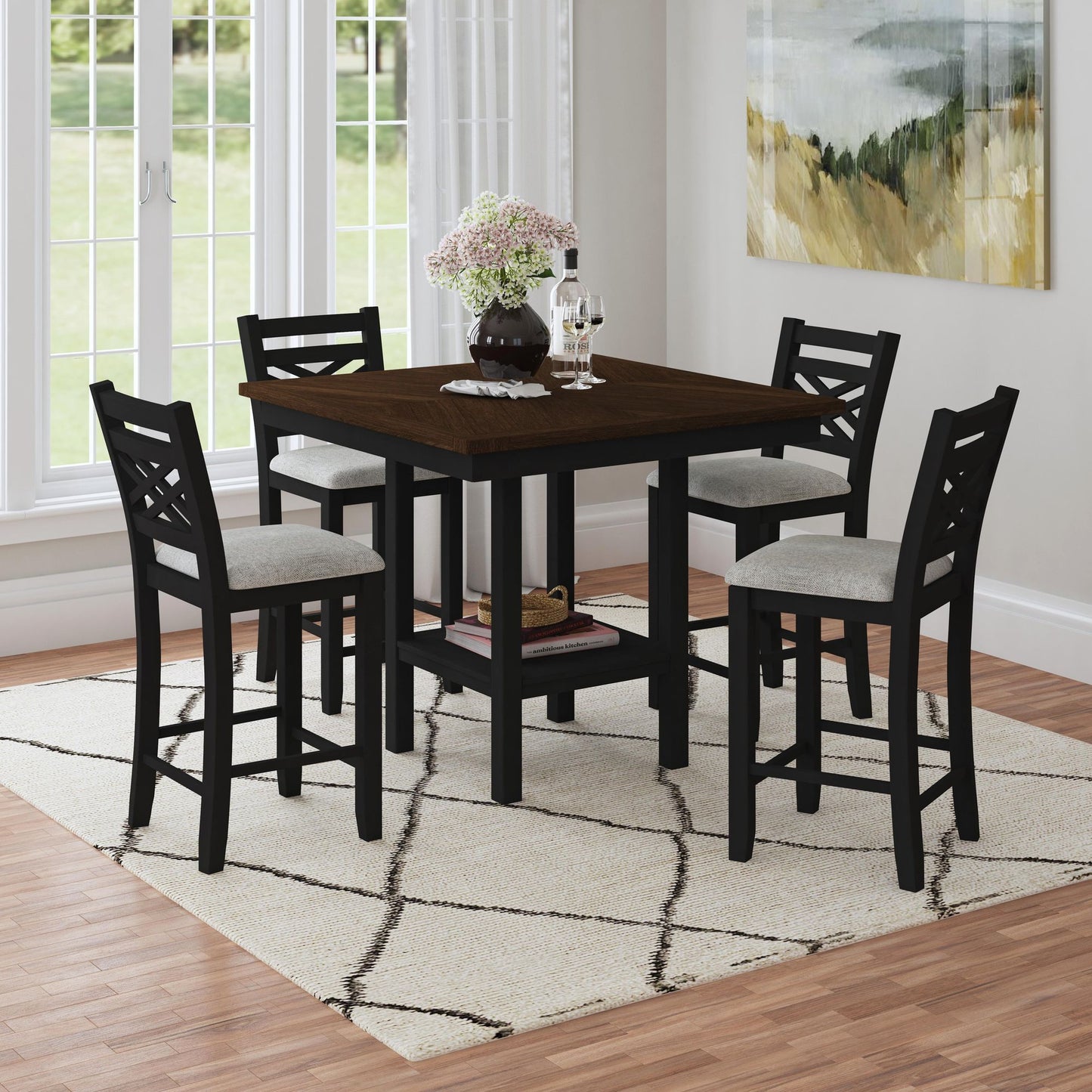 Brooks - 5 Piece Counter Set With Table And 4 Upholstered Seat & Wood Back Chairs - Medium Brown & Black