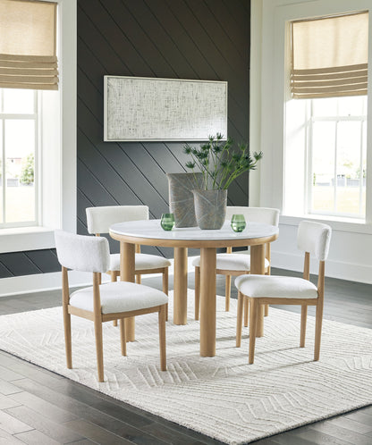 Sawdyn - 5 Pc. - Round Dining Room Table, 4 Side Chairs - White / Light Brown