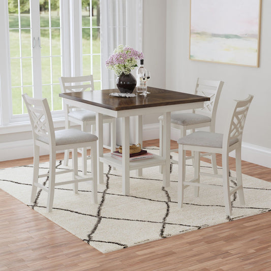 Brooks - 5 Piece Counter Set With Table And 4 Upholstery Seat & Wood Back Chairs - Medium Brown & White