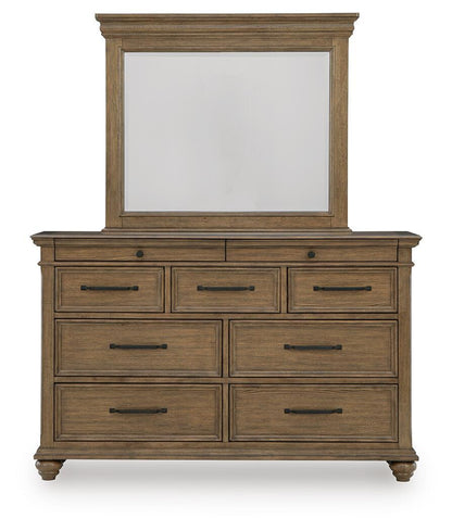 Karallin - 3 Pc. - Queen Panel Storage Bed, Dresser And Mirror - Medium Brown